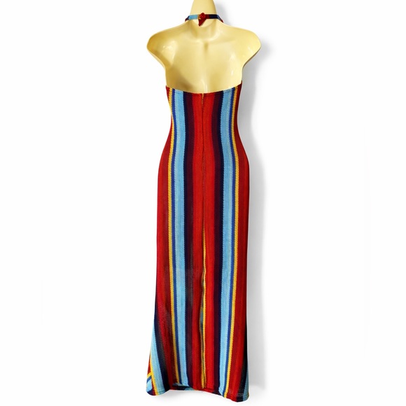 Vintage Le Chateau Y2K Rainbow Stripe Halter Maxi Dress Bodycon Boho XS S - Picture 3 of 7